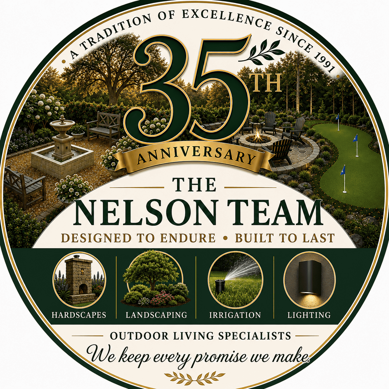 The Nelson Team 35th anniversary badge, outdoor living specialists since 1991